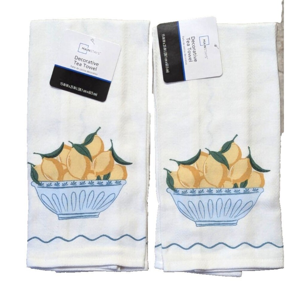 Lemons In Basket Print Decorative Kitchen Tea Towels 2-pc 15 x 25-in Cotton Gift